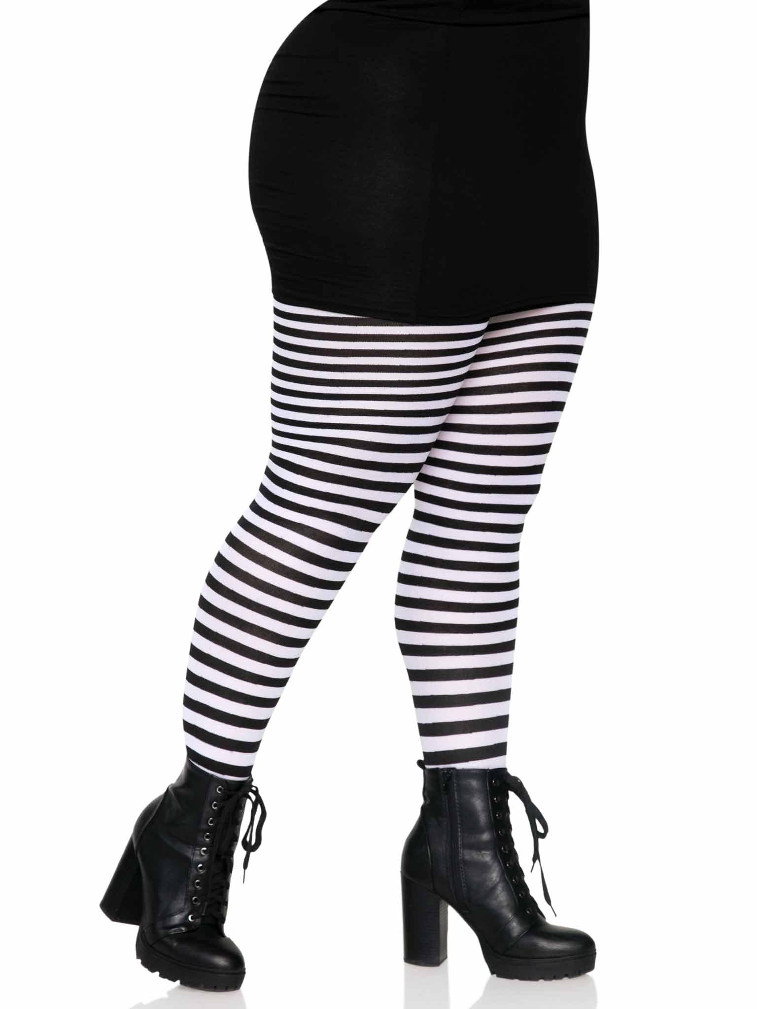 color_Black/White | Leg Avenue Plus Jada Striped Women's Tights