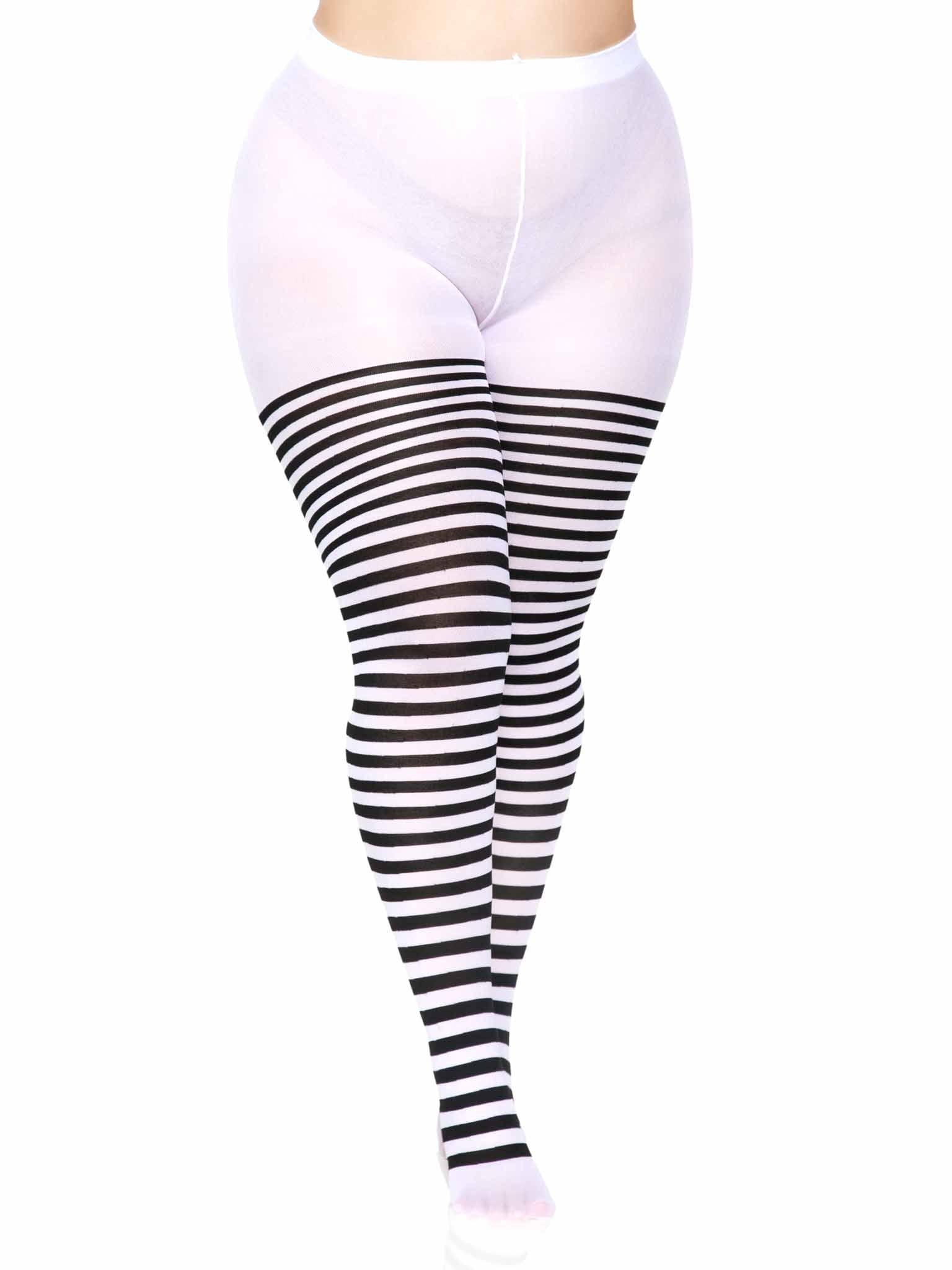 color_Black/White | Leg Avenue Plus Jada Striped Women's Tights