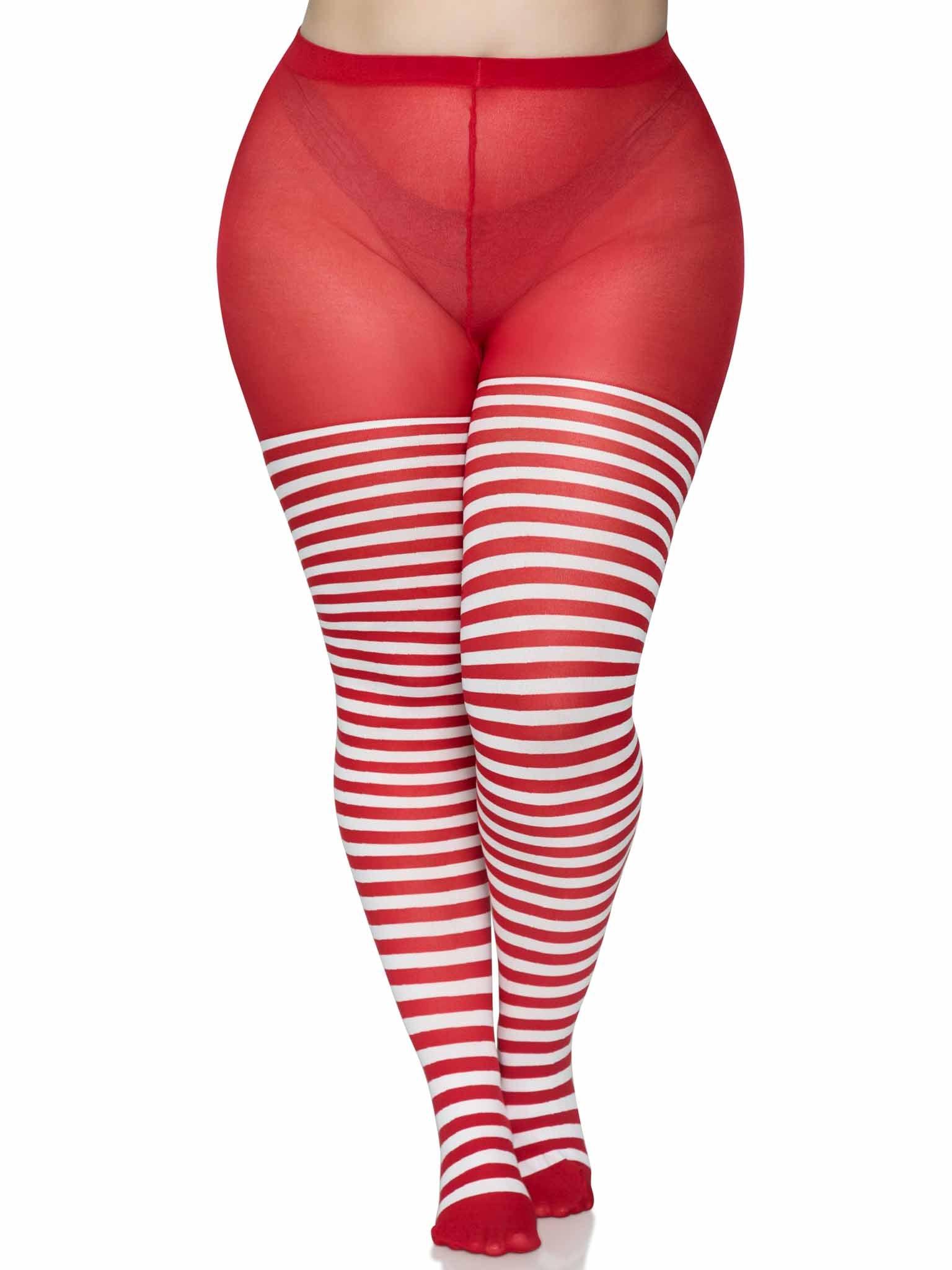color_White/Red | Leg Avenue Plus Jada Striped Women's Tights