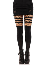 Faux Thigh High Tights With Striped Fishnet Accent