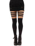 Faux Thigh High Tights With Striped Fishnet Accent
