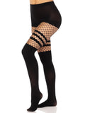 Faux Thigh High Tights With Striped Fishnet Accent