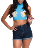 Daisy High Neck Mesh Crop Top With Zipper Back