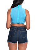 Daisy High Neck Mesh Crop Top With Zipper Back
