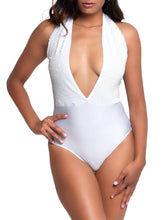 Sequin Snap Crotch Plunging V Halter Bodysuit