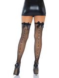 Satin Bow Top Fishnet Thigh Highs With Rhinestone Back Seam