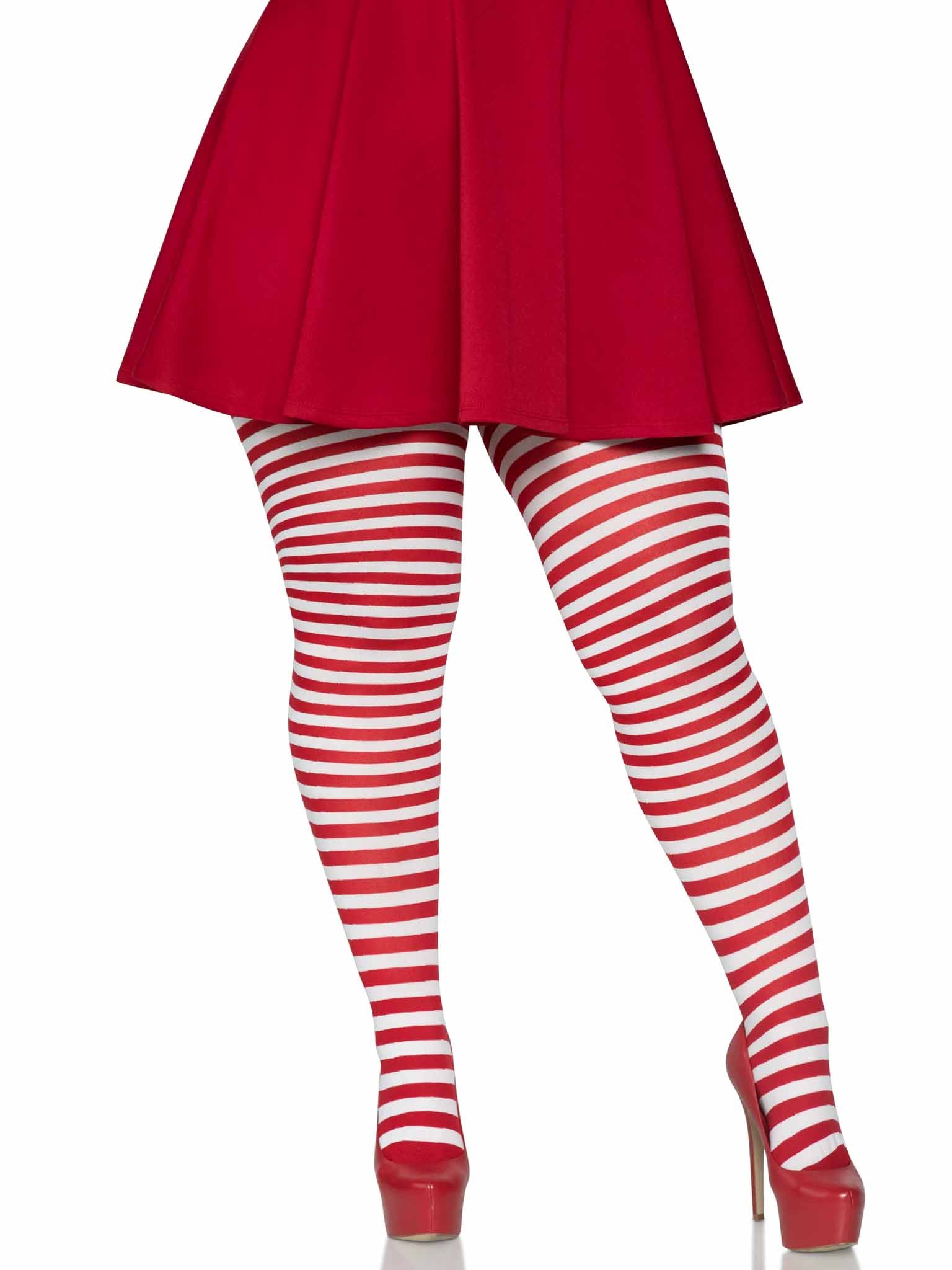 color_White/Red | Leg Avenue Plus Jada Striped Women's Tights