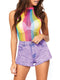 Leg Avenue Rainbow Striped Net Halter Bodysuit With Snap Crotch