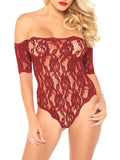 Leg Avenue Scalloped Rose Lace Crotchless Teddy With Cuff Sleeves